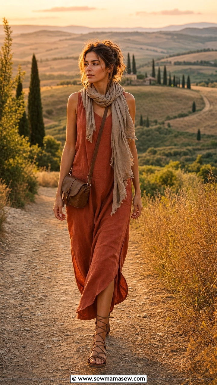 Earth toned linen maxi dress with gladiator sandals - 25 summer italian girl outfit ideas