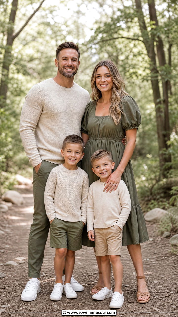 Earthy Olive Greens And Beige For Outdoor Nature Photos - 30 family photo outfits ideas