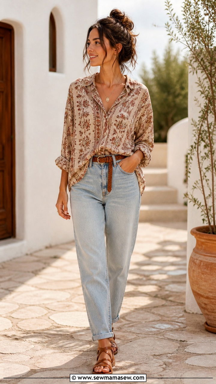 Earthy Printed Shirt With Light Wash Relaxed Denim - 40 Boho spring outfits