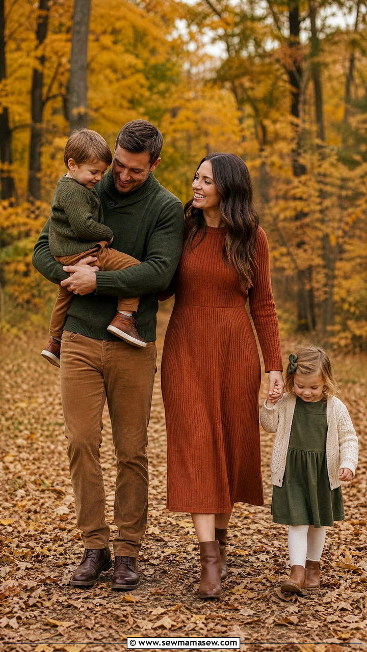 Earthy Rust and Olive Layers for Autumn Leaf Sessions - 30 Family photoshoot outfit ideas