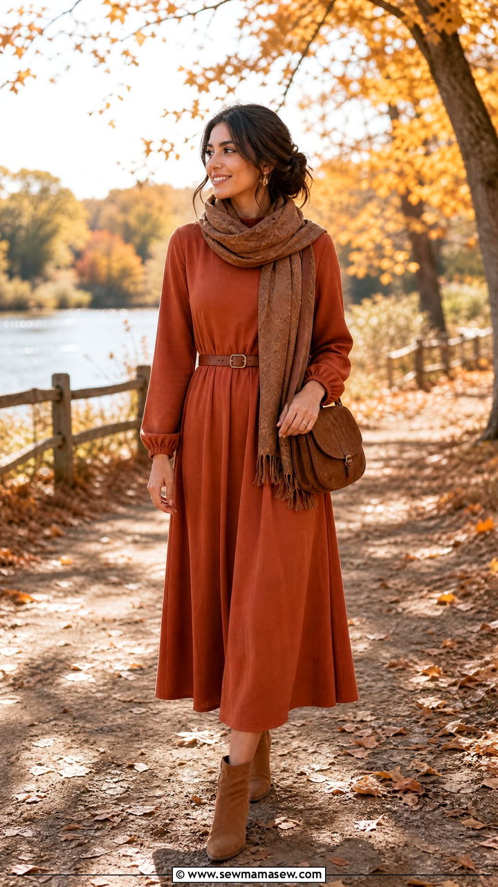 Earthy Tone Long Dress With Cinnamon Scarf And Boots - 30 modest classy outfits 2026