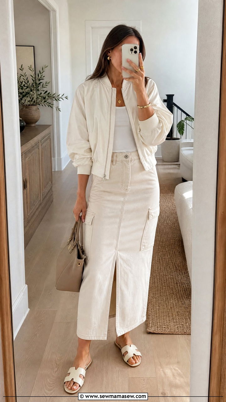 Ecru Denim Cargo Skirt With Cream Bomber Jacket and Sandals - 30 summer utility chic outfit ideas