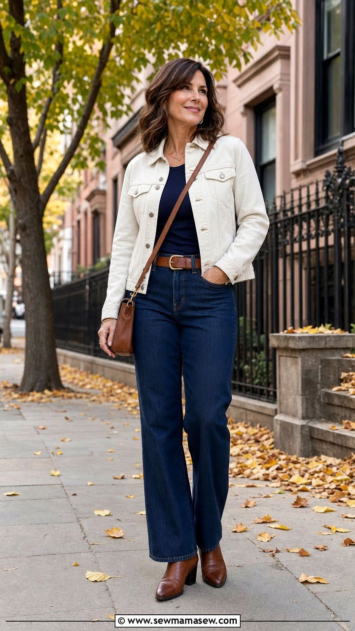 Ecru Denim Jacket with Indigo Jeans - 25 Double denim outfit ideas over 40