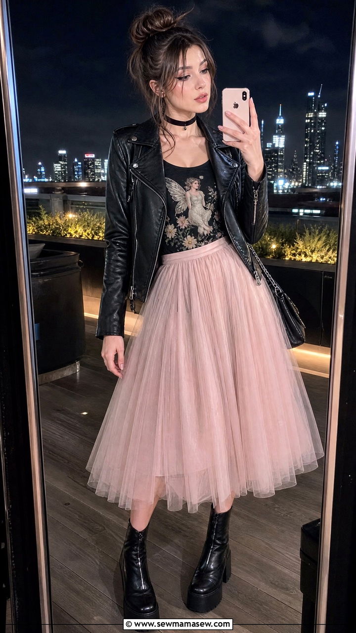 Edgy Fairycore Leather Jacket and Tulle Skirt - 30 fairycore outfits for women