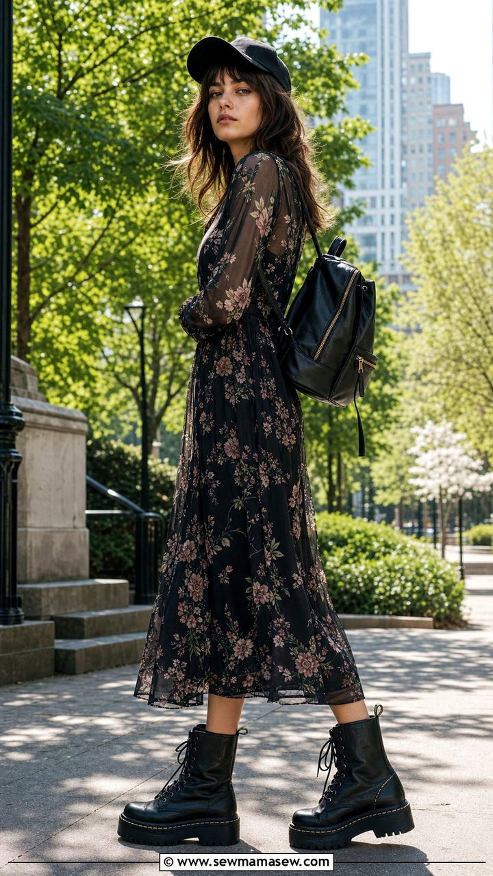 Edgy Floral Dress with Combat Boots Outfit - 25 Early May outfit ideas