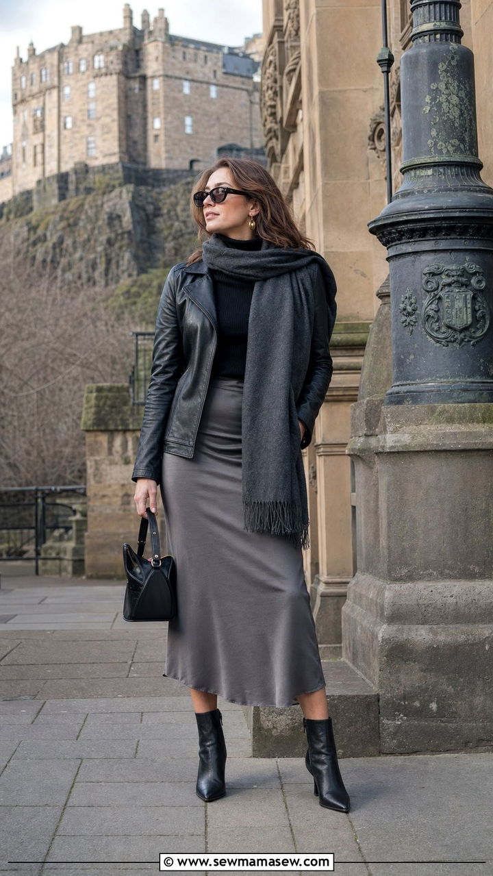 Edinburgh Leather Jacket and Midi Skirt Outfit - 25 Europe travel outfits Pinterest