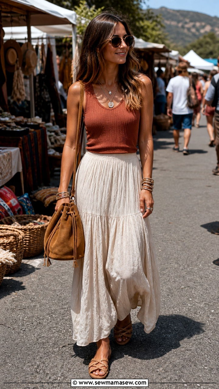 Effortless Boho Tank Look With Maxi Skirt And Statement Accessories - 40 Boho outfit ideas 2026