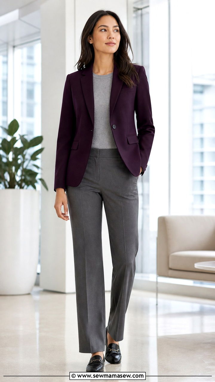 Eggplant Blazer with Gray Slacks - 40 Purple outfit ideas