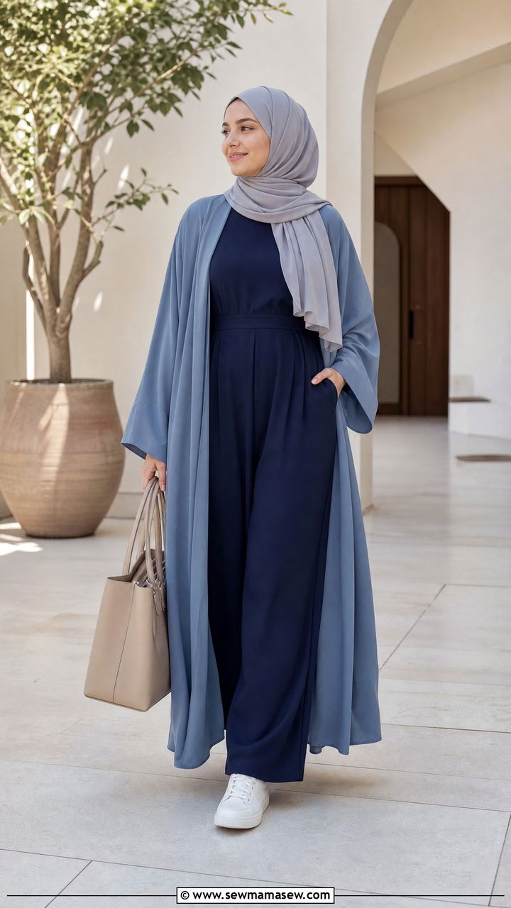 Eid al Adha jumpsuit with open abaya - 30 Eid al Adha outfit ideas