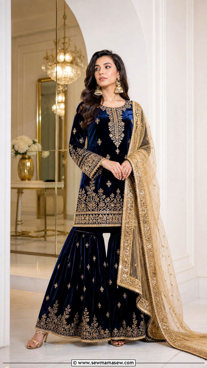 Eid al Adha velvet gharara set - 30 Eid al Adha outfit ideas
