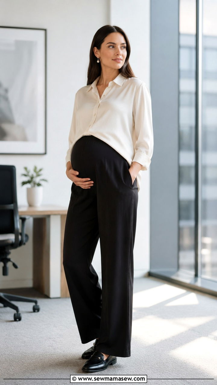 Elastic Waist Trousers and Boxy Blouse Outfit - 20 Maternity outfit ideas first trimester bump