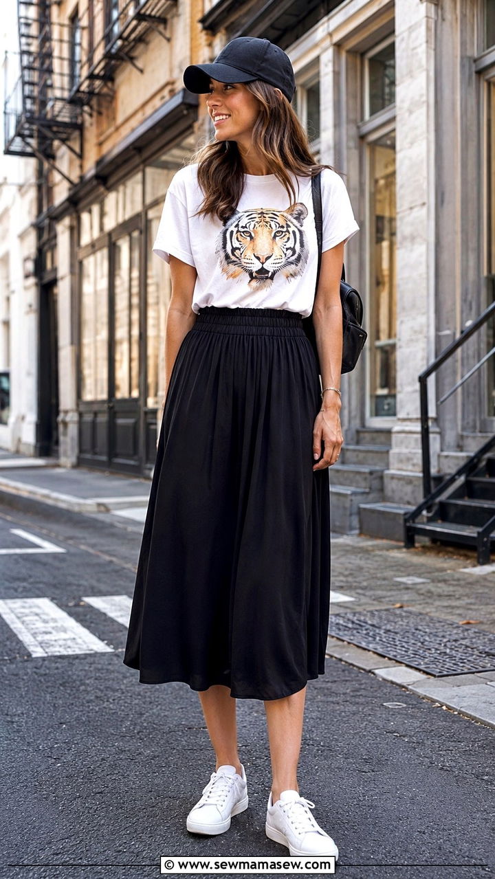 Elastic waist midi skirt with a tucked graphic tee - 20 Outfit ideas for belly after C section