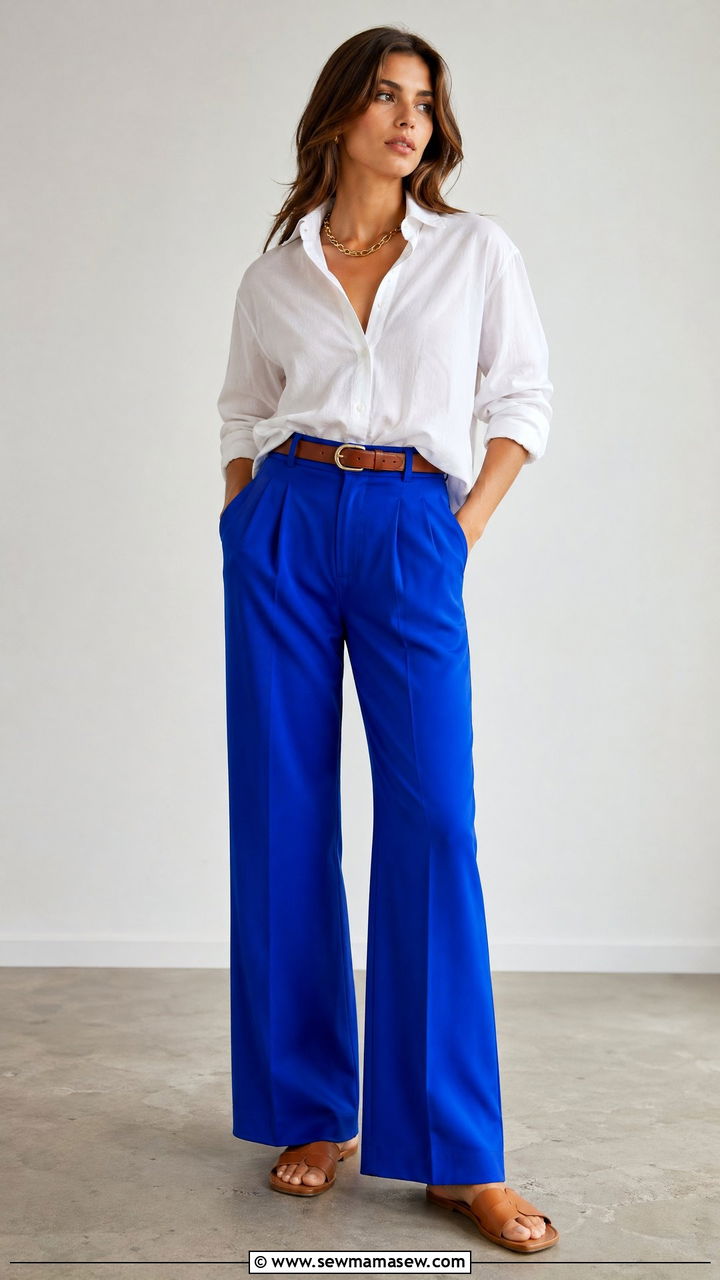 Electric Blue Trousers and White Button Down Outfit - 35 Dopamine dressing outfit ideas