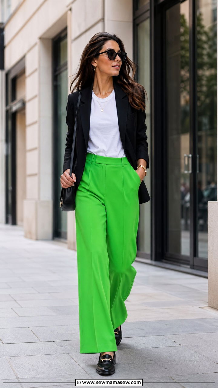 Electric Green Pants and Black Blazer Outfit - 35 Dopamine dressing outfit ideas