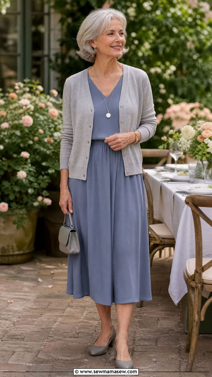 Elegant Midi Dress With a Soft Cardigan - 25 Fashion over 50 outfit ideas