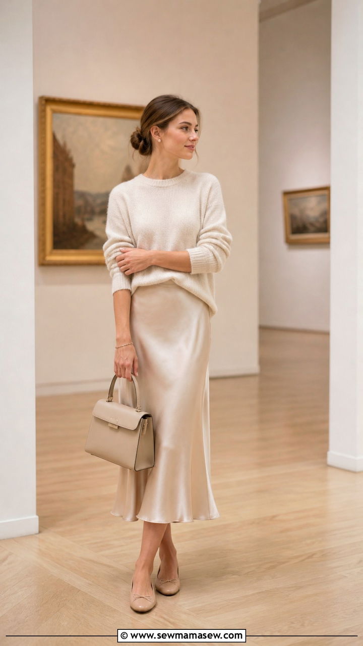 Elegant Silk Midi Skirt With Cashmere Sweater - 40 old money outfit ideas for women