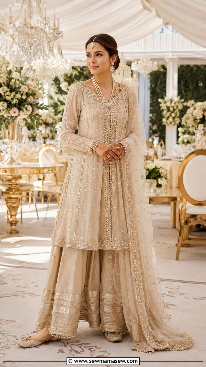 Elegant frock with gharara and vintage jewelry for Walima - 25 Wedding guest outfit ideas Walima ceremony