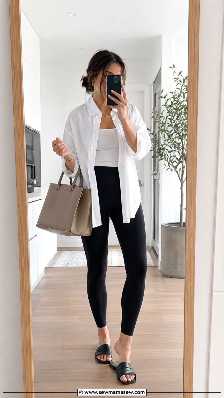 Elevated Leggings and Oversized Button Up Shirt with Slides - 35 errands outfits for women