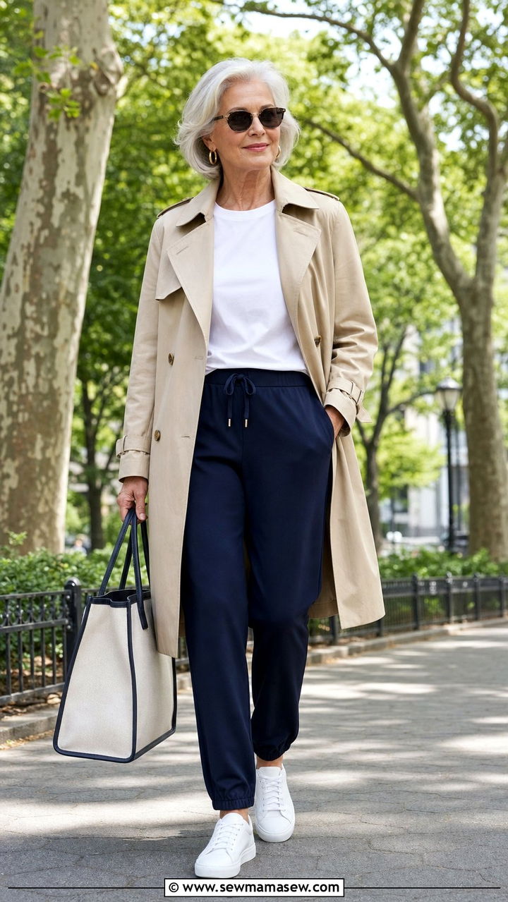 Elevated Track Pants With a Structured Trench - 25 Elevated casual outfit ideas for women over 60