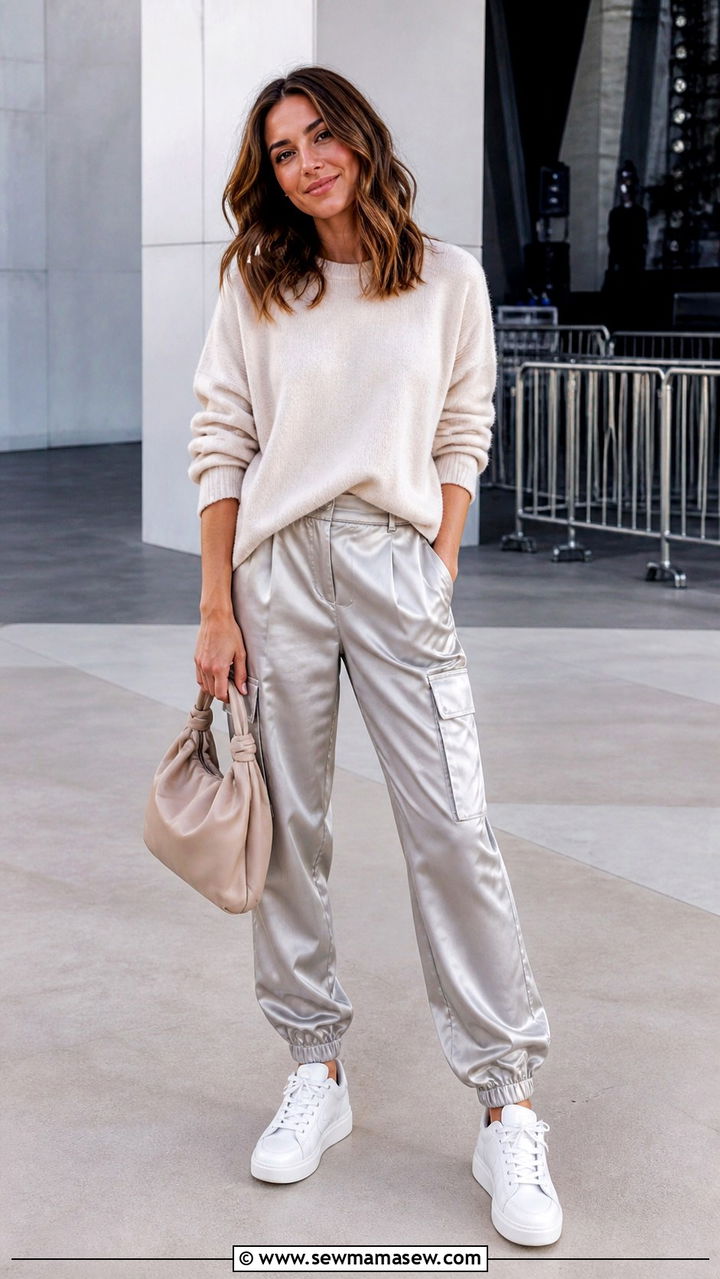 Elevated casual outfit with cashmere sweater and satin cargo pants - 40 concert outfits