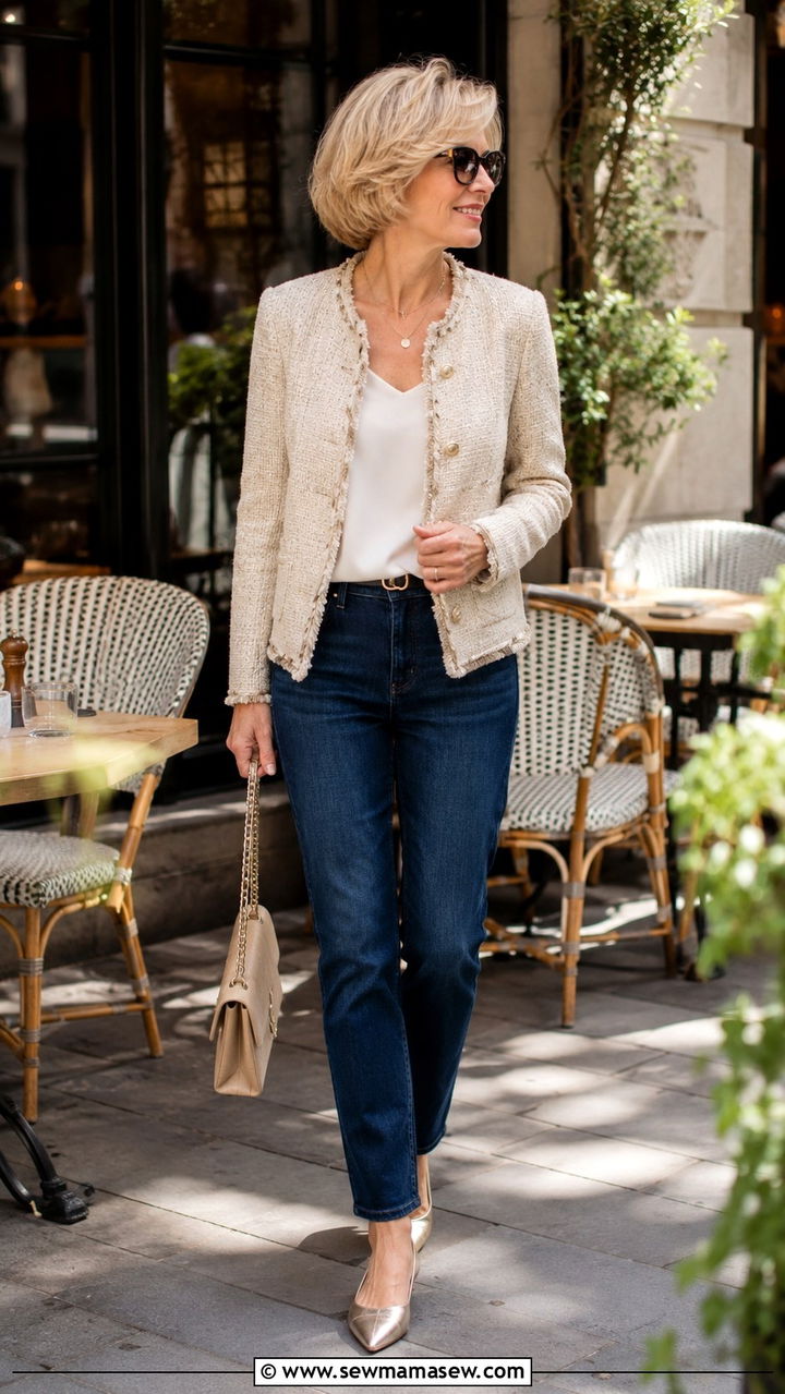 Elevated jeans with a statement textured jacket - 25 Outfit ideas for women over 50 elevated casual