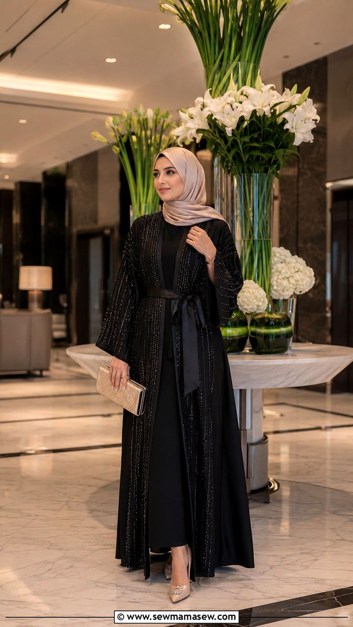 Embellished Abaya With Belt And Hijab - 30 Modest wedding guest outfit ideas with hijab