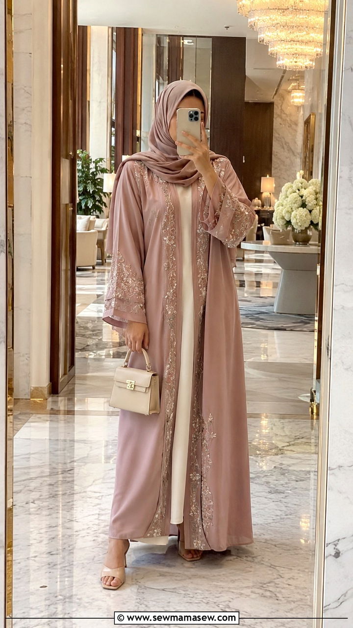 Embellished Abaya With Heeled Mules - 30 Dubai vacation outfit ideas modest