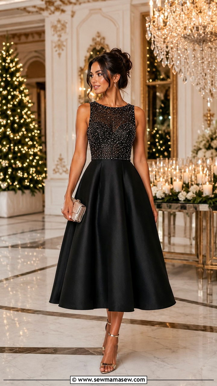 Embellished Bodice Dress With Metallic Heels - 30 Party outfits for pear shape