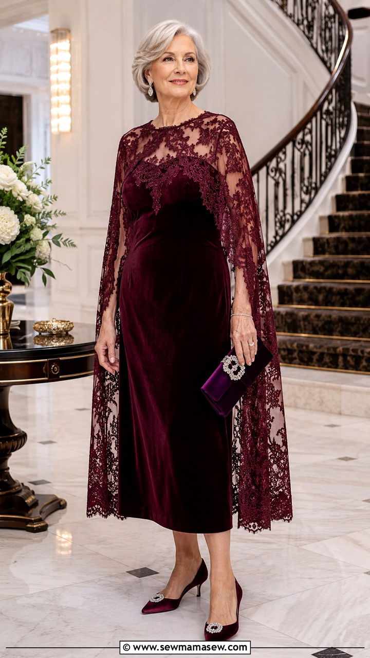 Embellished Cape Dress For Winter Wedding Guest - 20 Wedding guest outfit ideas for 70 year old