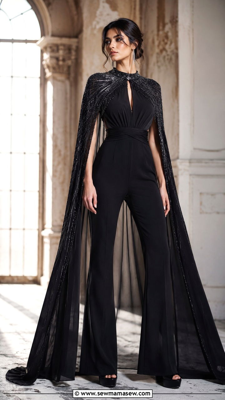 Embellished Cape Jumpsuit - 25 wedding guest outfits for women with big bust