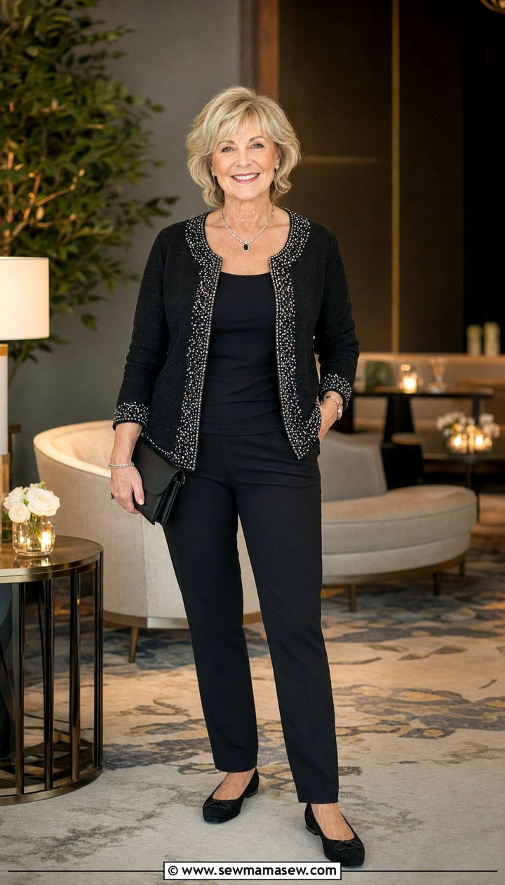 Embellished Cardigan Over Simple Tank and Black Ponte Pants - 35 Business casual outfits for women over 60