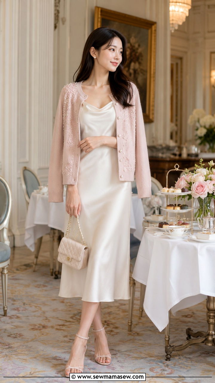 Embellished Cardigan with a Simple Slip Dress - 30 classy romantic outfits