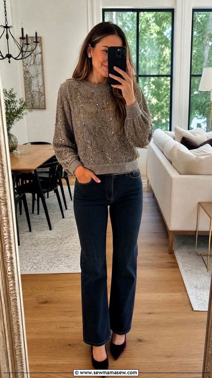 Embellished Knit Top with Straight Leg Jeans - 25 Host outfit ideas for dinner party