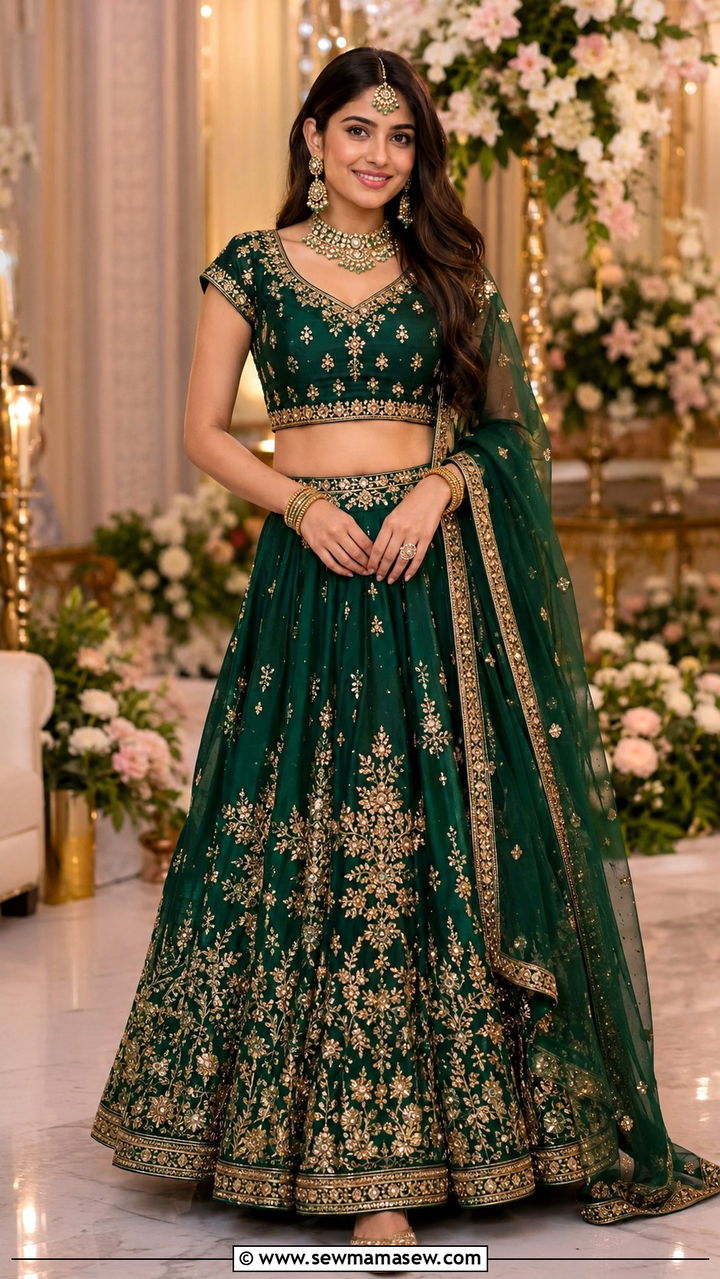 Embellished Lehenga Choli With Kundan Jewelry - 20 Wedding guest outfit ideas Barat ceremony