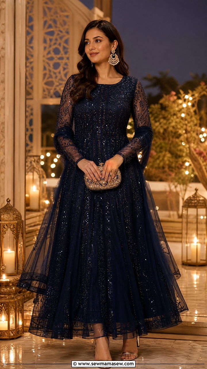 Embellished Net Maxi Dress with Heels - 30 Eid al Fitr outfit ideas
