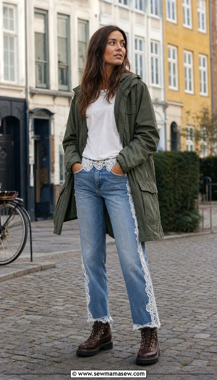 Embellished Parka Jacket with Lace Trimmed Jeans and Hiking Boots - 25 Copenhagen outfits 2026