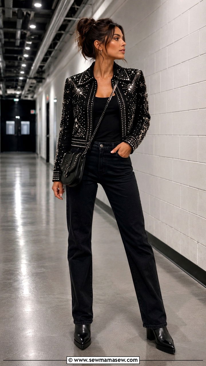 Embellished Statement Jacket with Black Basics Outfit - 25 Rock concert outfit ideas