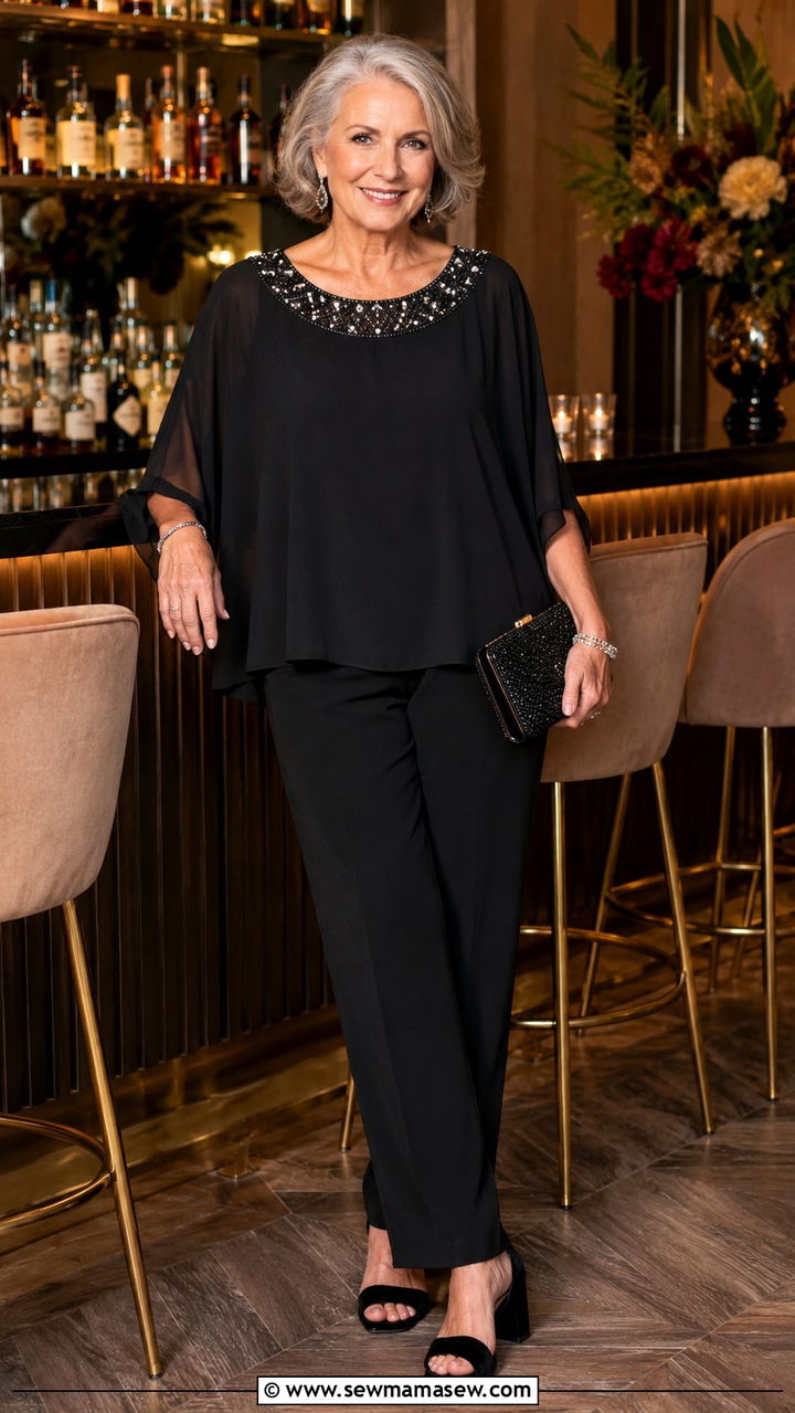 Embellished Statement Top With Trousers - 20 Birthday outfits for women over 60