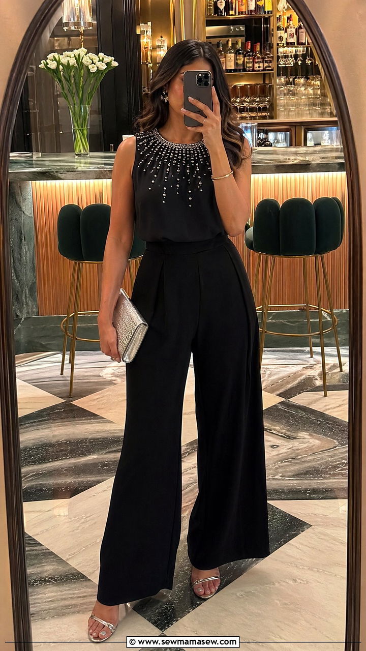 Embellished Top With Wide Leg Pants - 35 engagement party outfit ideas