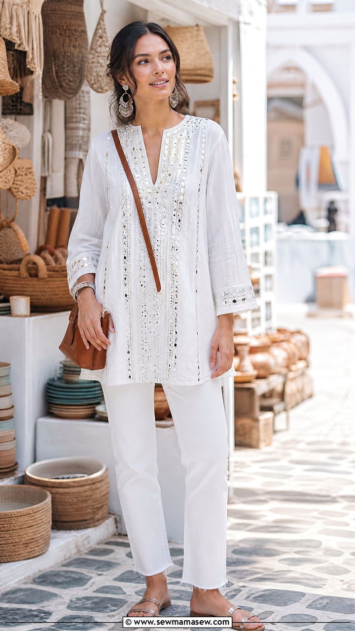 Embellished Tunic And White Jeans Resort Look - 30 summer resort wear outfit ideas
