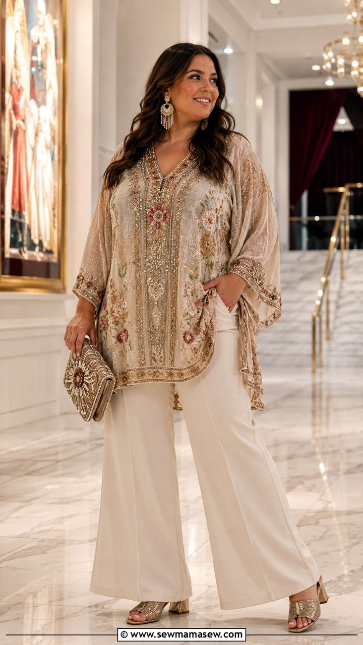 Embellished Tunic With Dressy Wide Leg Pants - 30 Boho outfit ideas plus size