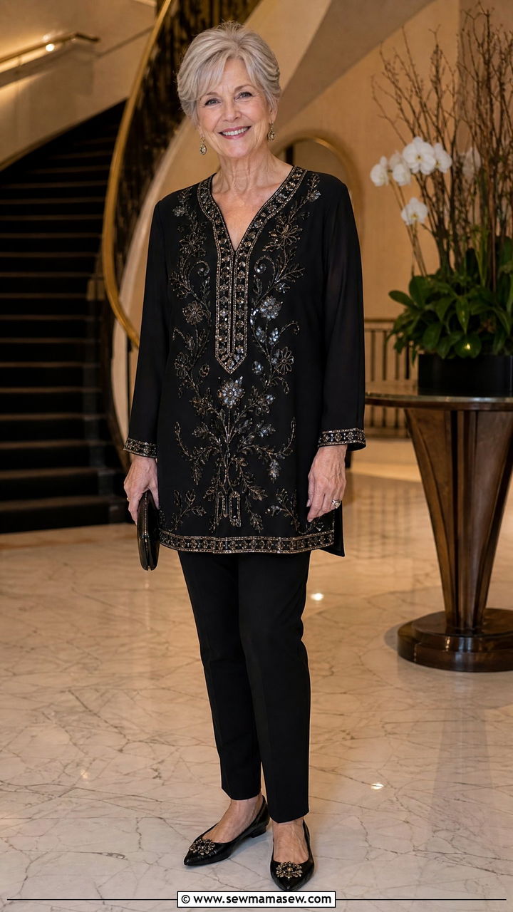 Embellished Tunic and Black Slim Leg Pants with Pointy Flats - 30 Concert outfits for women over 60