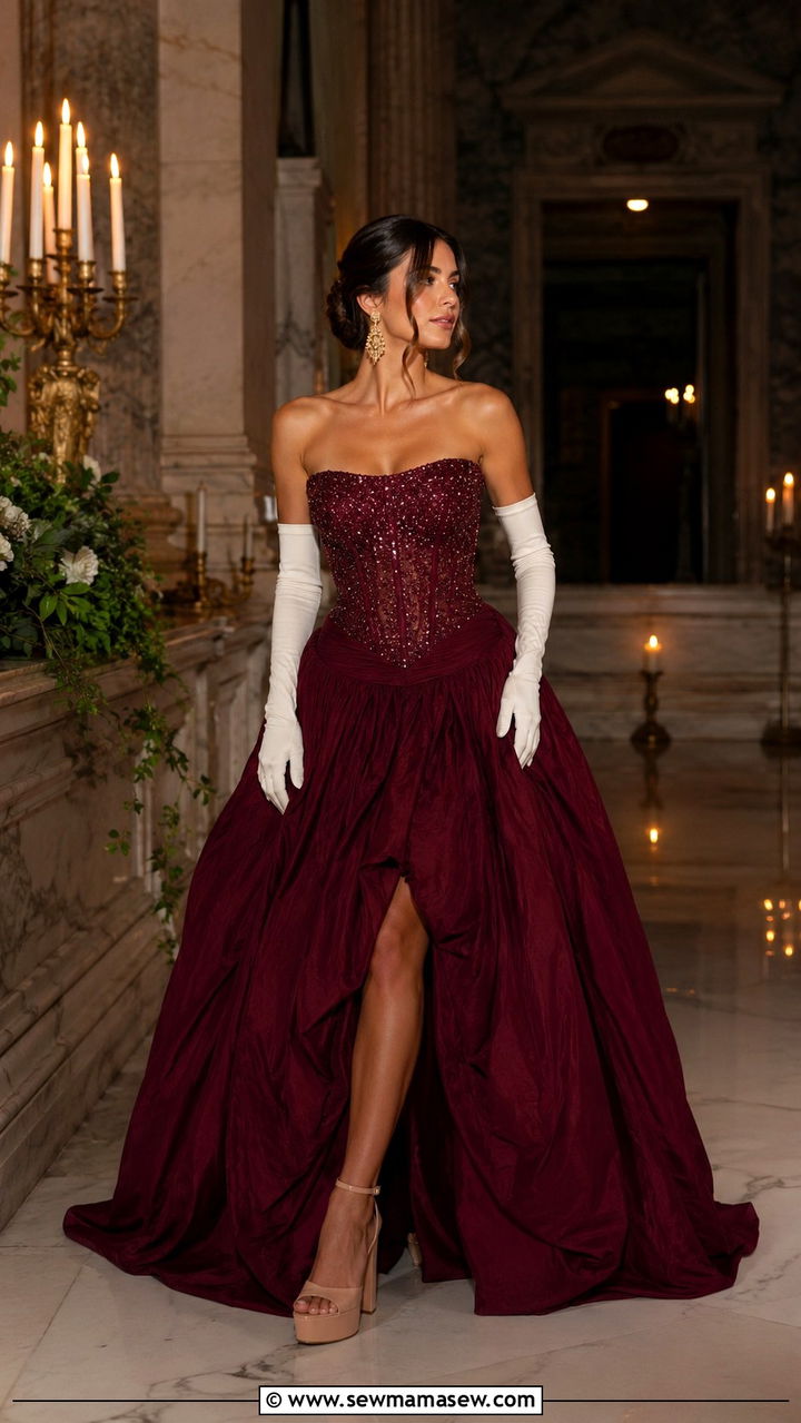 Embellished ball gown with opera gloves - 25 White tie wedding guest outfit ideas