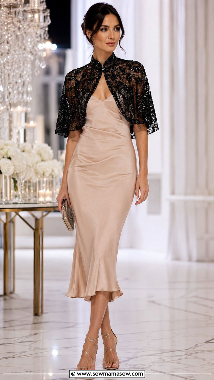 Embellished capelet with slip dress and strappy sandals - 25 Opera aesthetic outfit ideas 2026