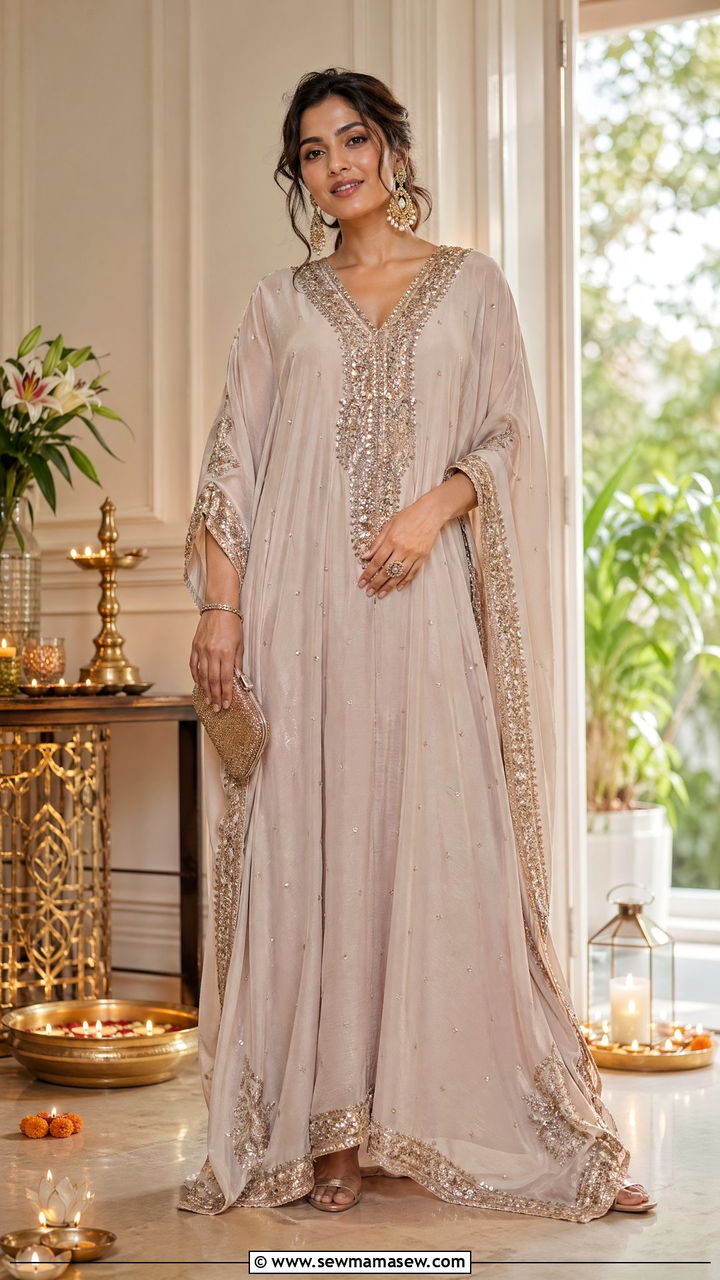 Embellished kaftan with statement jewelry - 35 Diwali party outfit ideas