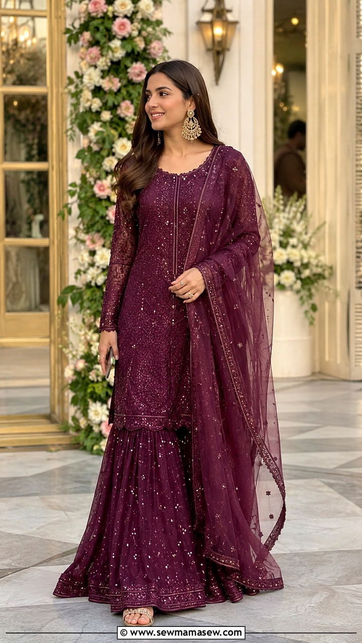 Embellished long shirt with sharara for Walima - 25 Wedding guest outfit ideas Walima ceremony