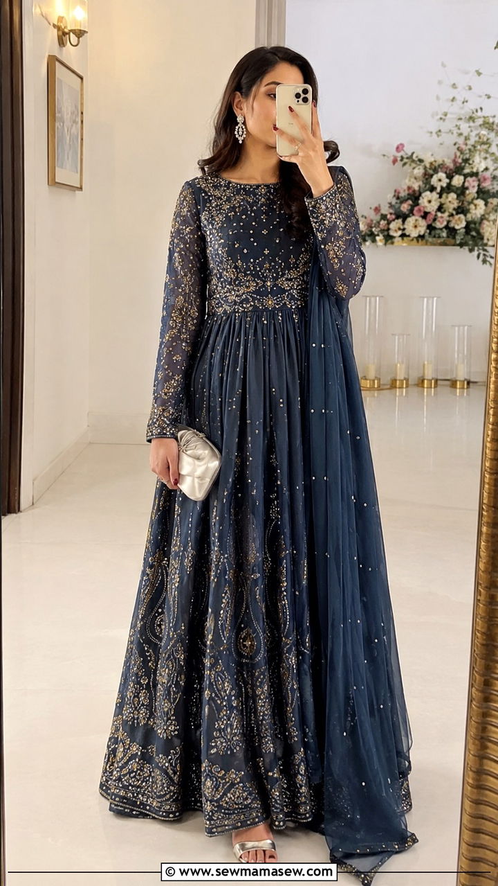 Embellished long sleeve maxi dress for Walima - 25 Wedding guest outfit ideas Walima ceremony