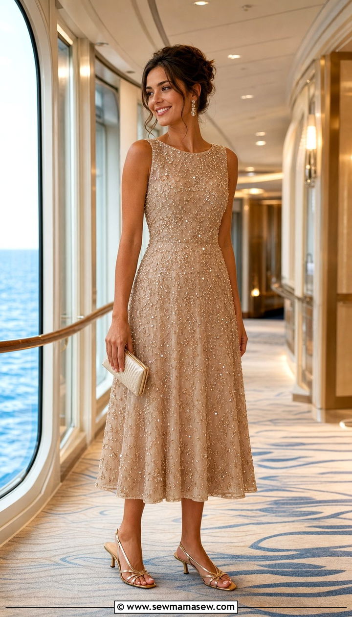 Embellished midi dress with kitten heels - 25 Cruise formal night outfit ideas 2026
