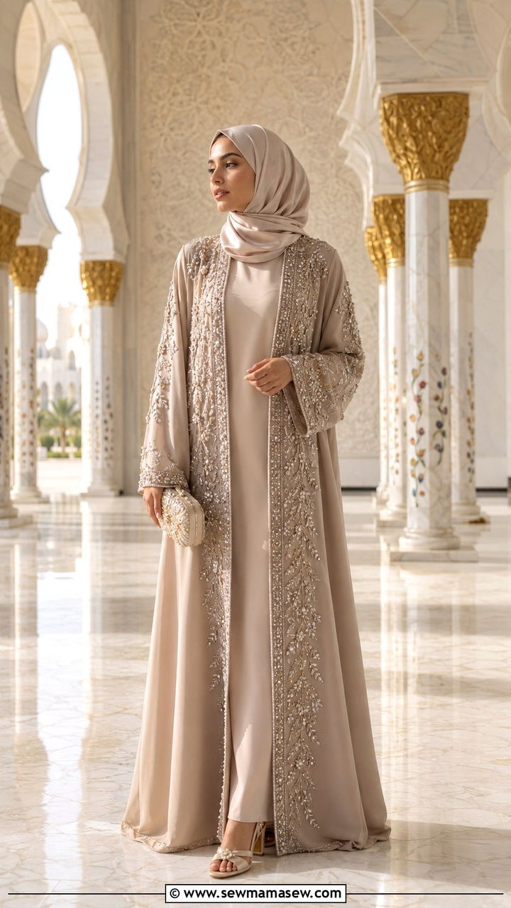 Embellished open abaya over slip dress - 20 Modest outfit ideas for mosque visit