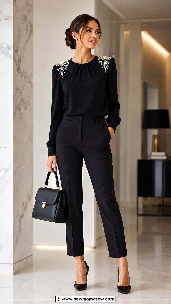 Embellished shoulder top with tailored trousers - 25 Outfit ideas for narrow shoulders